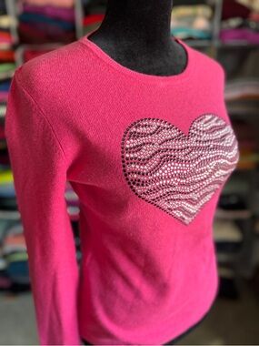 Aqua 100% Cashmere Sweater - Bright Pink With Bejeweled Heart